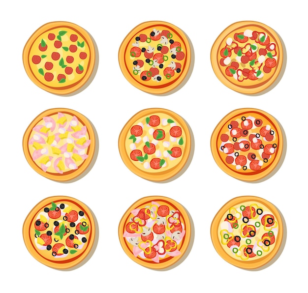 Pizza do menu de restaurantes diferentes isolado. coleção de pizza com vários ingredientes para cartão de prato de pizzaria. página inicial da web, modelo. ilustração, elementos de desenho animado