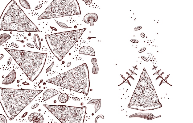 Pizza e ingredientes Modelo de menu de pizzaria desenhado à mão Conjunto de produtos de cozinha italiana Peças