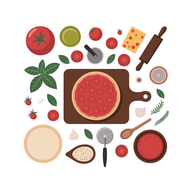Pizza e Ingredientes Uma variedade de delícias culinárias