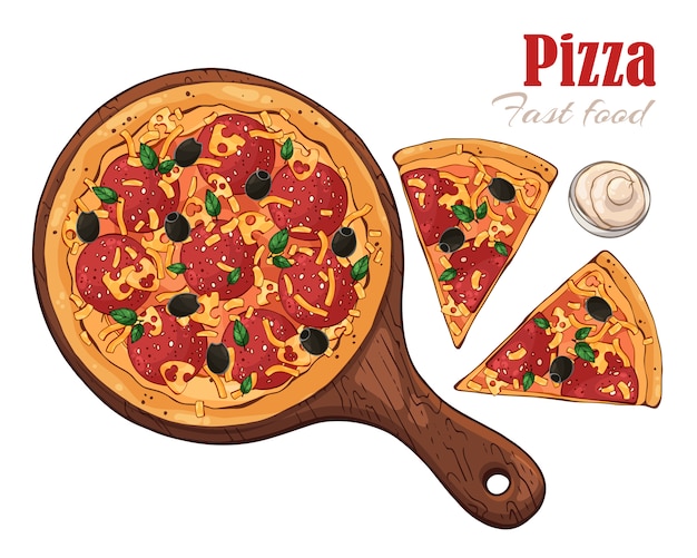 pizza em uma placa.