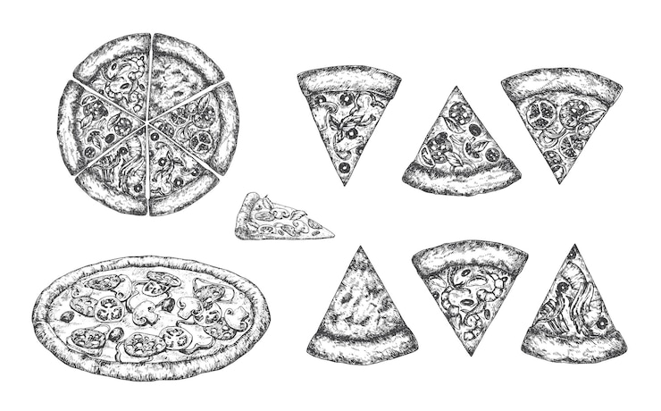 Vetor pizza esboços desenhados à mão set de ilustrações vetoriais de comida italiana doodle de cozinha italiana natural