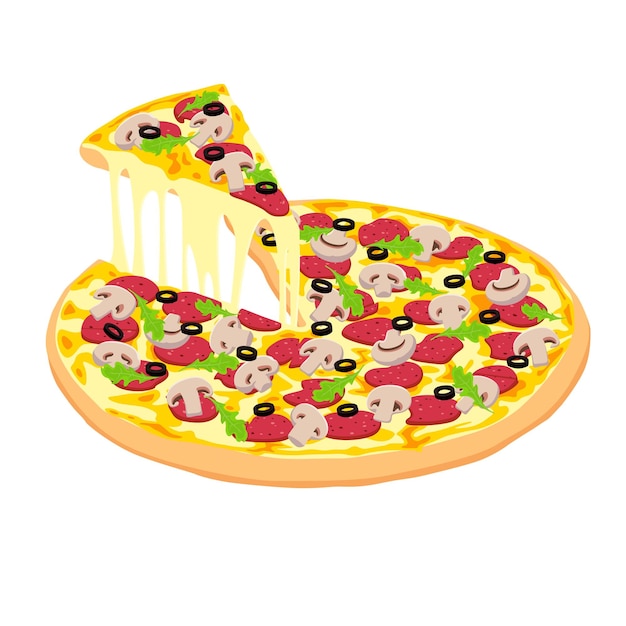 Pizza fresca com cogumelos, azeitonas, ervas e sais isolados em um fundo branco.