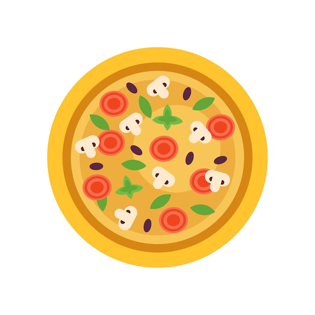 Pizza italiana com ingredientes diferentes cogumelos azeitonas tomates e folhas de manjericão verde elemento de design de comida de rua para menu de café ilustração vetorial plana isolada no fundo branco