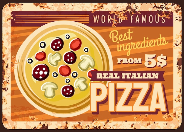 Vetor pizza italiana placa de metal enferrujado fast-food vintage placa de ferrugem