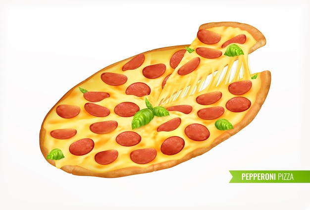 Pizza quente com composição realista de peça com imagem de calabresa redonda com fatia na ilustração vetorial de fundo em branco