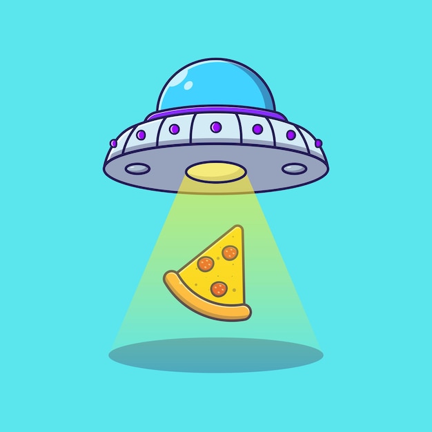 Pizza slice flying with ufo or alien. conceito de ícone de entrega de pizza isolado.