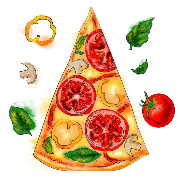 Vetor pizza tomate manjericão boleto pimenta aquarela