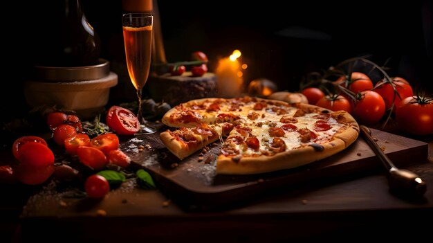Vetor pizza tomates um copo de vinho na mesa da cozinha uma vela no fundo e escuridão