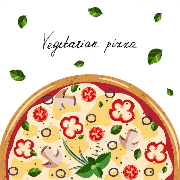 Pizza vegetariana, ervas, carta de mão. ilustração vetorial isolada