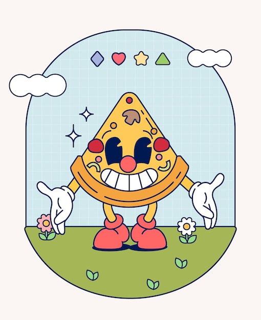 Vetor pizza velho personagem retro mascote vintage moda mão desenhar engraçado doodle coleção de quadrinhos