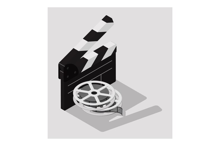 Vetor placa clapper isométrica para filmagem de filmes e bobinas de tiras de filmes vetor 3d realista isolado em