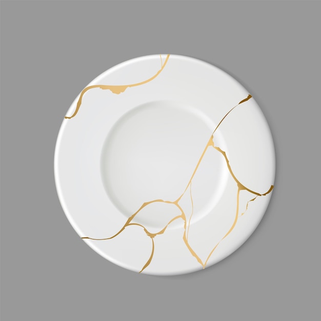 Placa com kintsugi ouro sobre fundo cinza. Rachadura e efeitos quebrados.