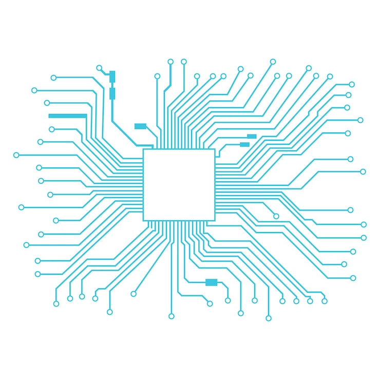 Vetor placa de circuito azul com lugar para processador isolado no branco. linhas com anéis nas extremidades. vetor eps 10.