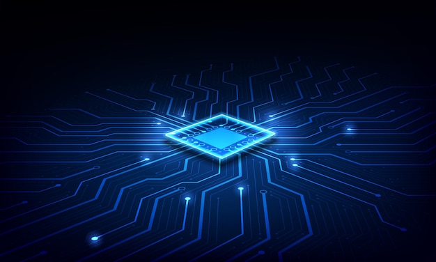 Placa de circuito de fundo de processador de chip de tecnologia abstrata e html code3D ilustração azul vetor de fundo de tecnologia