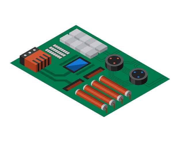 Vetor placa de circuito isométrica com componentes eletrônicos. circuito de processador de tecnologia de chip de computador e sistema de informações da placa-mãe do computador. conceito de dispositivo de equipamento de tecnologia