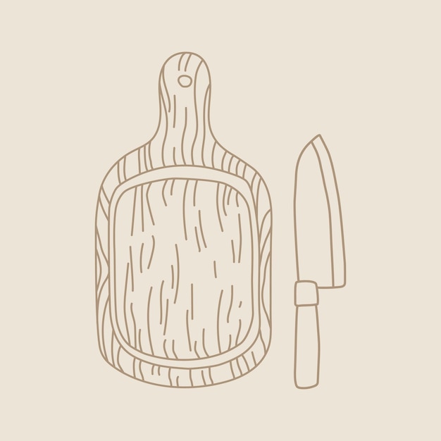 Placa de corte e ícone de faca de cozinha em estilo desenhado à mão para livro de receitas ou blog de culinária