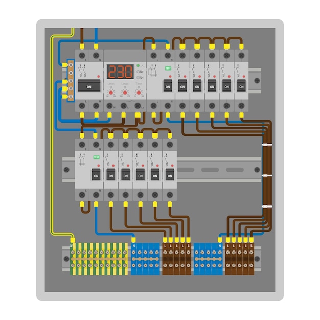 Placa de distribuição com disjuntores de relé de monitorização de tensão montados e dispositivos de corrente residual