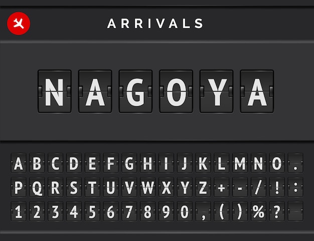 Placa de informações de voo de destino no japão nagoya com fonte flip scoreboard do aeroporto mecânico e placa de chegada do avião.