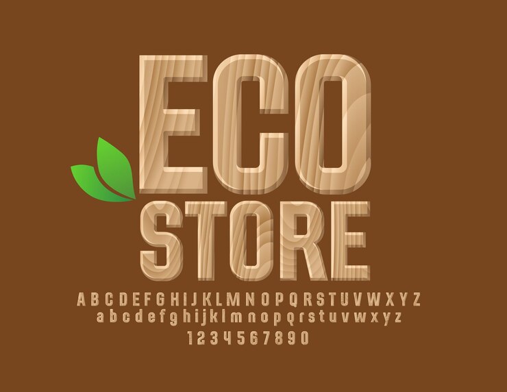 Vetor placa de madeira com texto eco store conjunto de letras do alfabeto, números e símbolos de pontuação