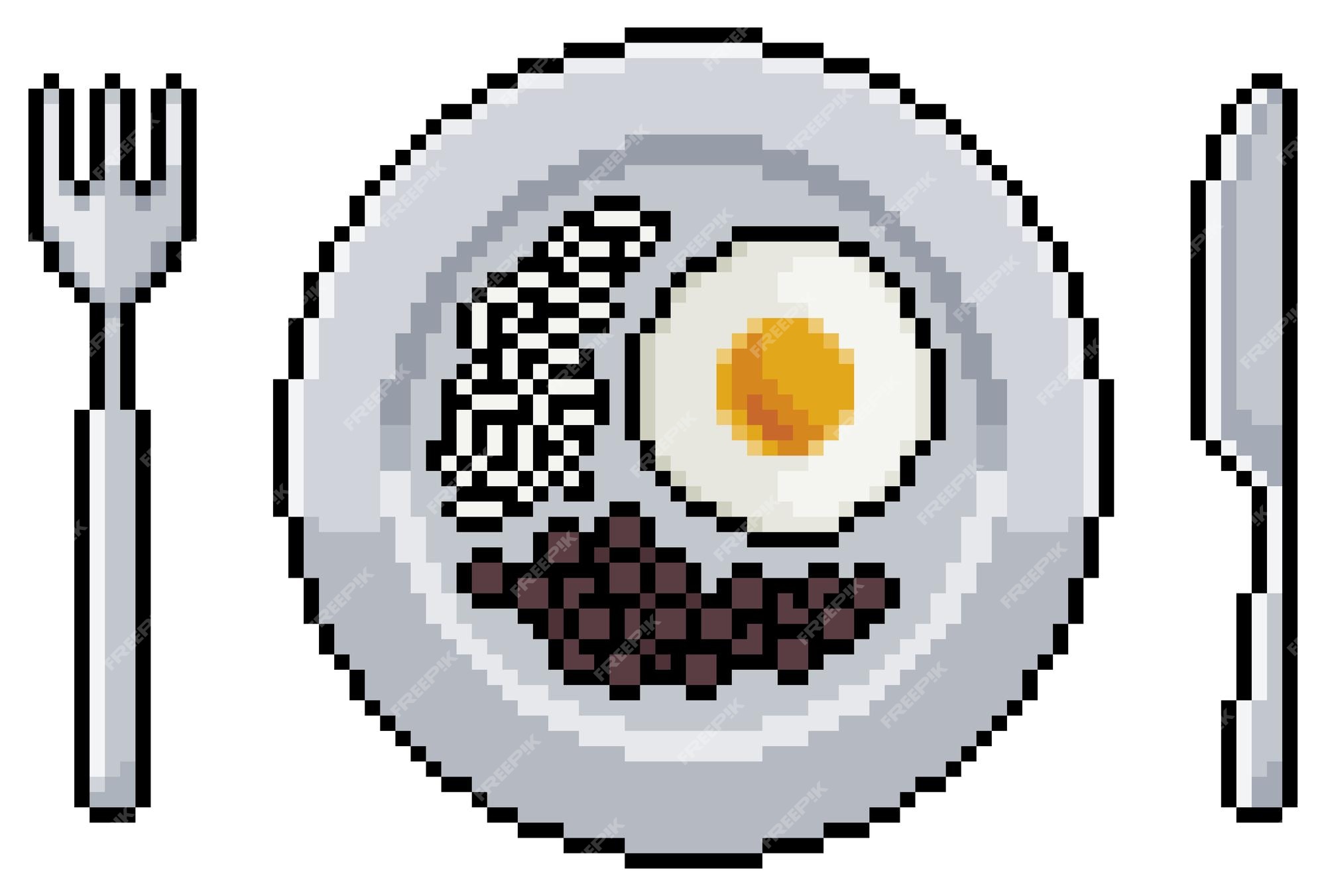 Placa de pixel art com ovos fritos e ícone de vetor de bacon para jogo de 8  bits em fundo branco