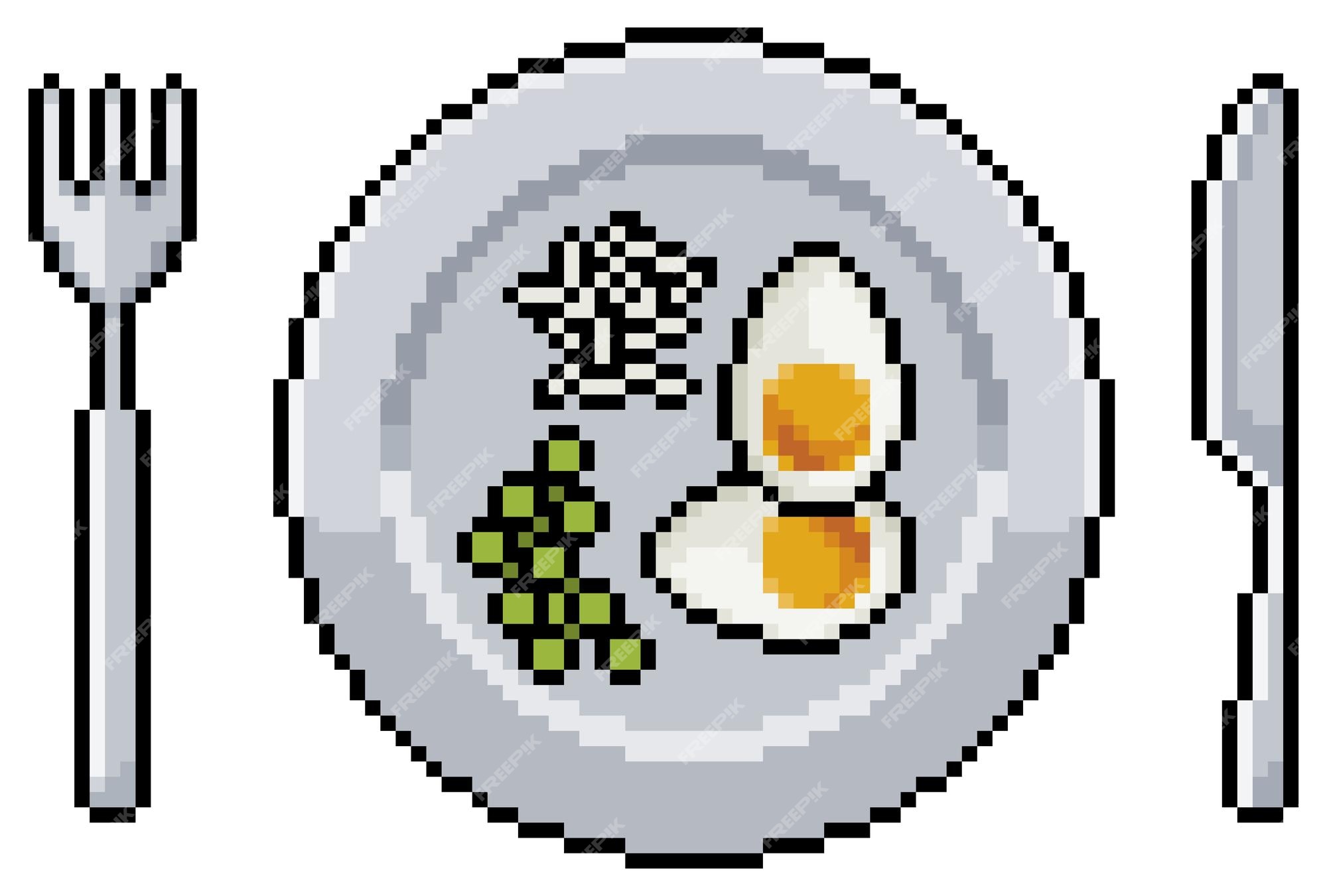 Placa de pixel art com ovos, arroz, ervilhas e ícone vetorial de talheres  para jogo de 8 bits em fundo branco