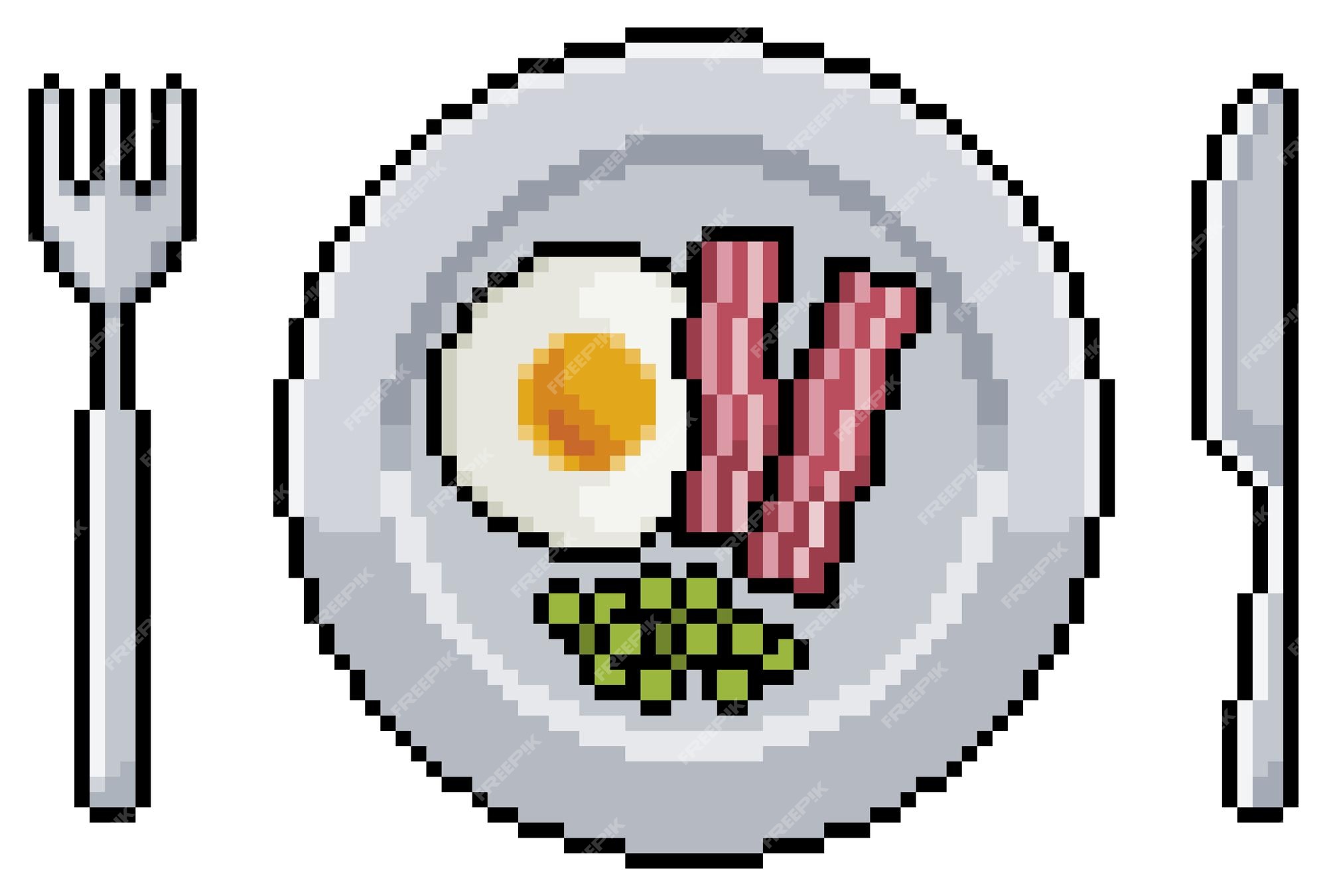 Placa de pixel art com ovos, bacon, ervilhas e ícone vetorial de talheres  para jogo de 8 bits em fundo branco