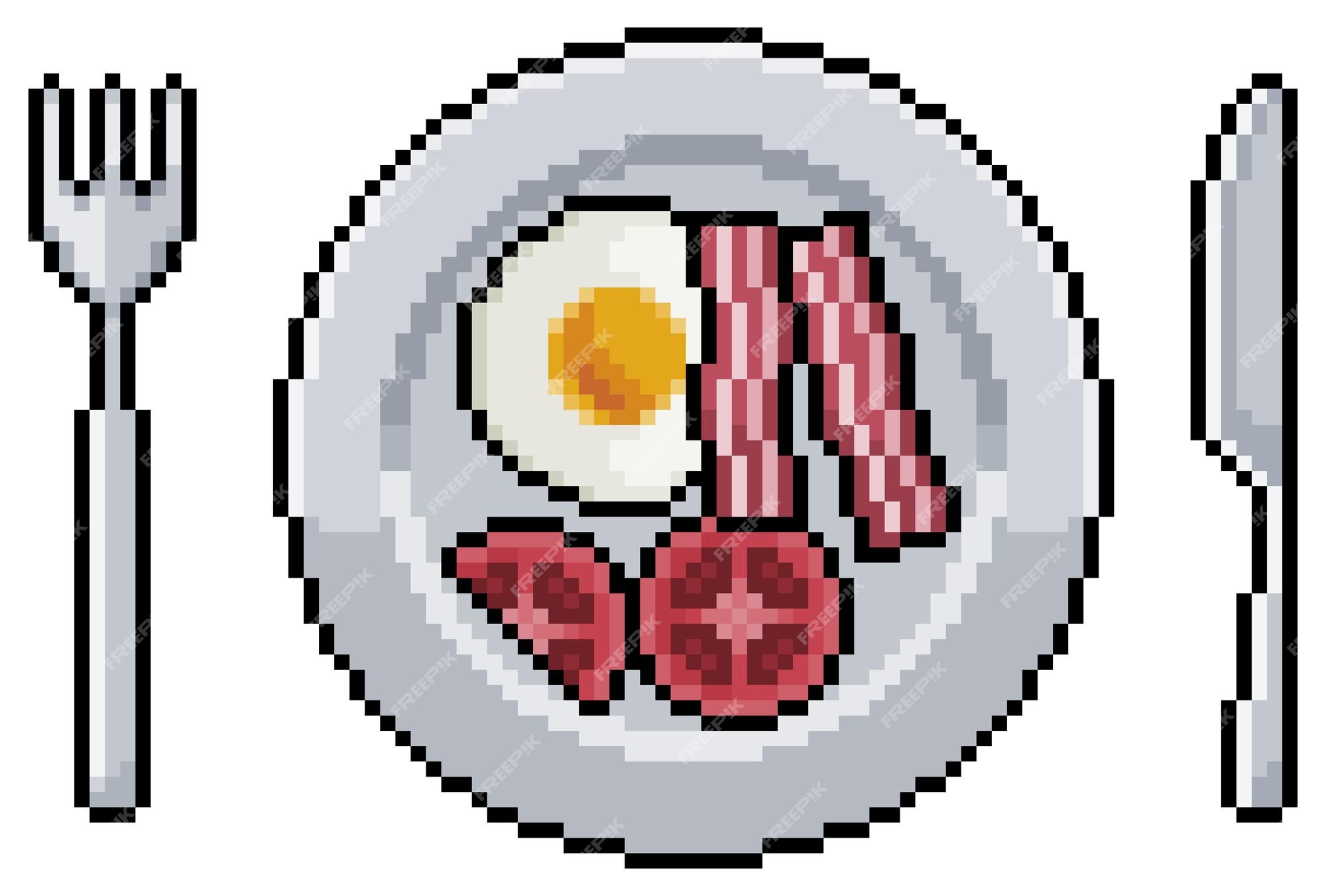 Placa de pixel art com ovos, arroz, ervilhas e ícone vetorial de talheres  para jogo de 8 bits em fundo branco