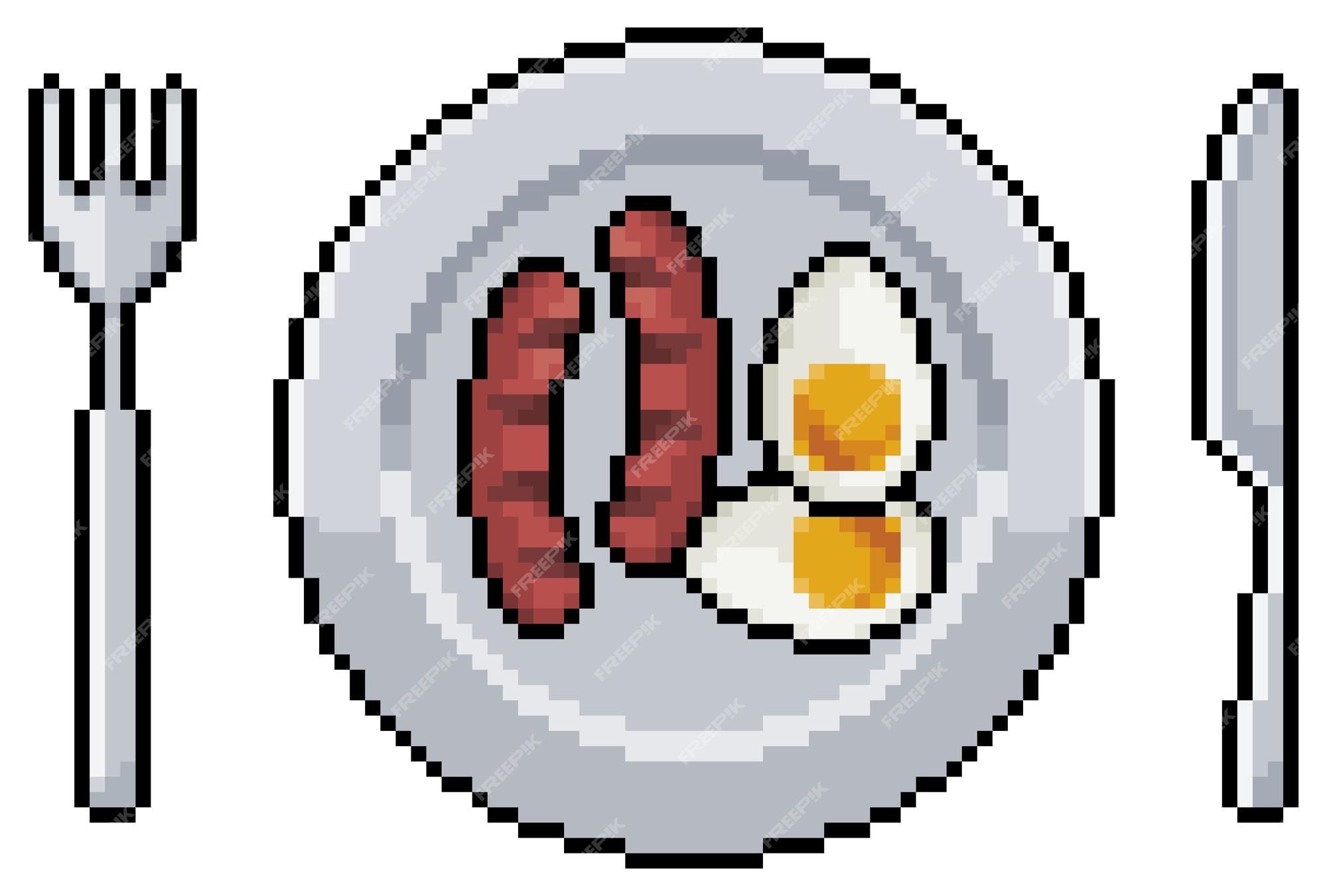 Placa de pixel art com ovos cozidos, salsicha e ícone vetorial de talheres  para jogo de 8 bits em fundo branco