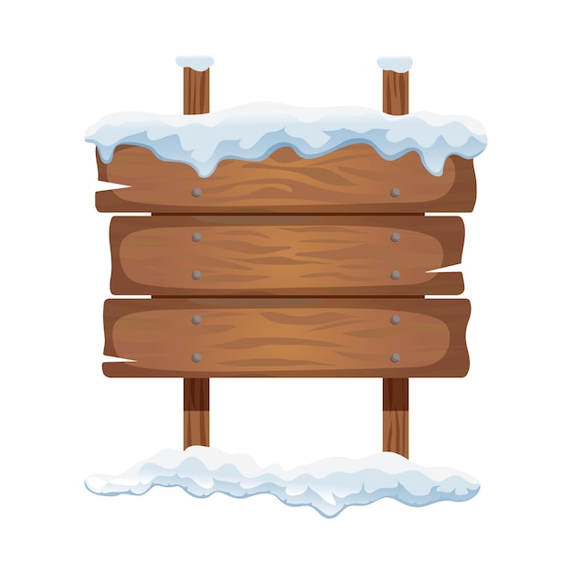 Placa de sinal de madeira velha realista com tampa de neve na ilustração vetorial de fundo branco