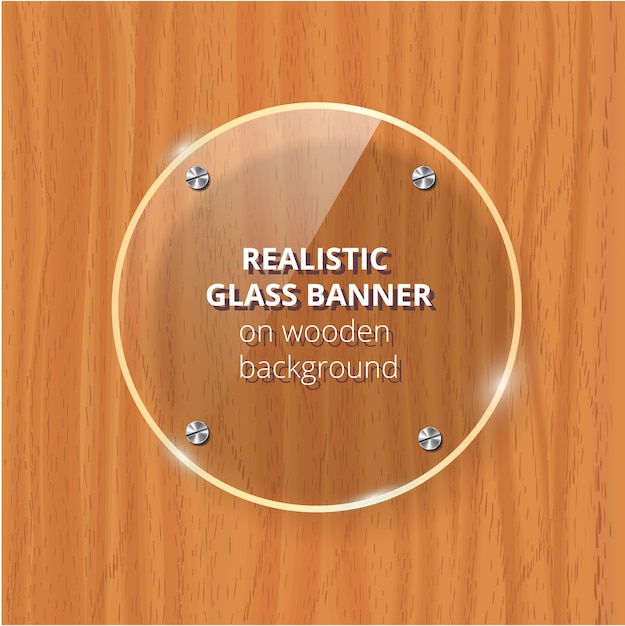 Placa de vidro transparente. fundo de madeira marrom. elemento decorativo painel de plástico brilhante com reflexão, sombra.