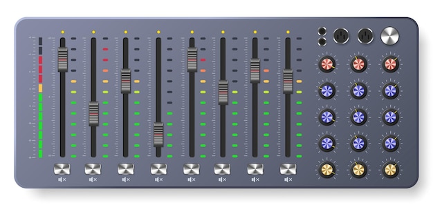 Vetor placa do mixer de áudio painel de controles deslizantes de nível de som do controlador de mixagem multipista com controladores e botões ilustração vetorial