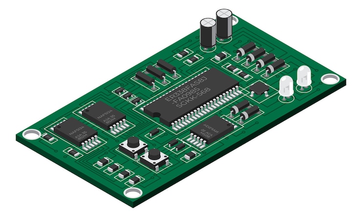 Vetor placa eletrônica isométrica placa de circuito impresso isométrica com componentes eletrônicos componentes eletrônicos e placa de circuito integrado