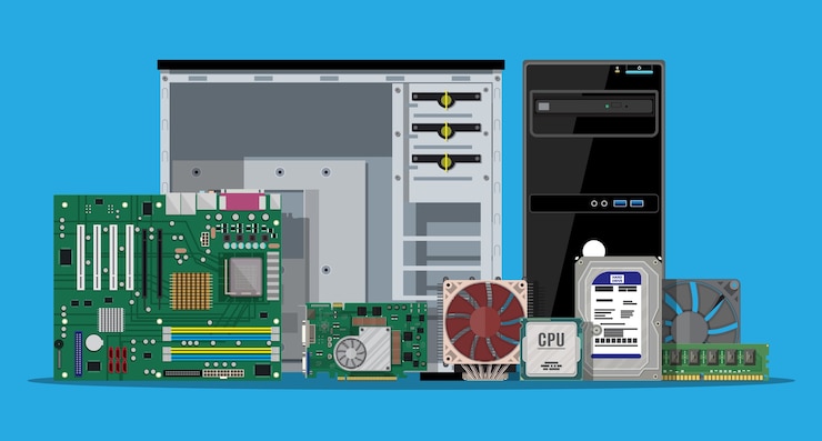 Vetor placa-mãe, disco rígido, cpu, ventilador, placa gráfica, memória, chave de fenda e gabinete.