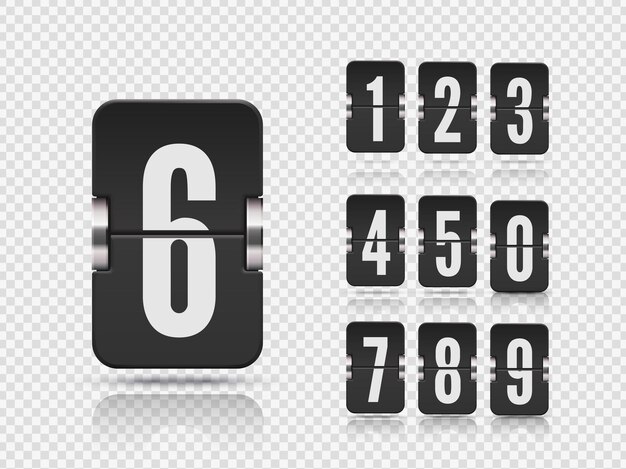 Vetor placar de flip numérico definido com reflexos flutuando em diferentes alturas para o temporizador de contagem regressiva da web de vetor escuro
