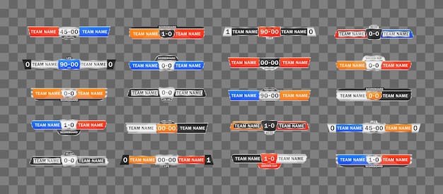 Vetor placar do esporte com tempo e exibição do resultado. gráfico de pontuação de futebol para jogar futebol. gráficos de transmissão de placar e terceiro modelo inferior para futebol esportivo e futebol americano.