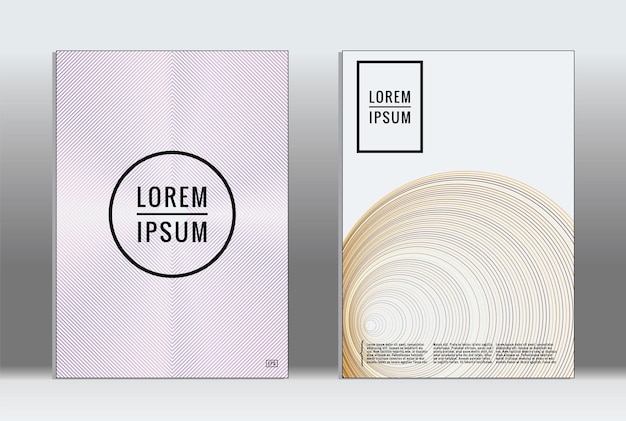 Placar minimalista. Capa geométrica vetorial. Modelo de relatório moderno hipster. Conjunto de panfletos de design gráfico de gradiente de linha futurista. Layouts minimalistas de moda. Placards listrados. Conjunto de design de banner retrô.
