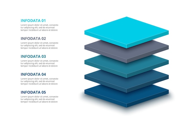 Vetor placas 3d com 5 segmentos. modelo de design moderno infográfico com cinco estágios de hierarquia.