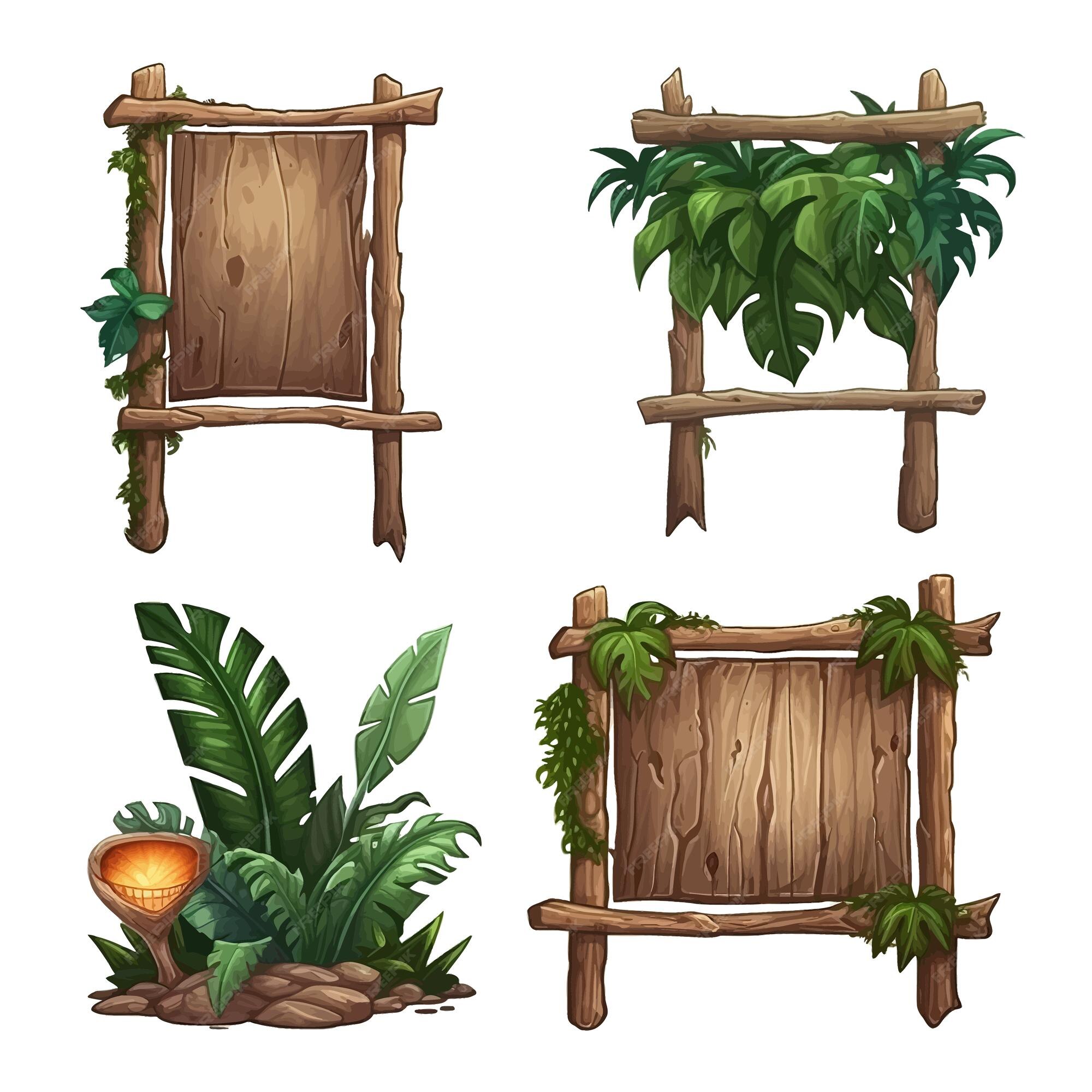 Sinal de madeira na floresta tropical da selva com folhas tropicais e  espaço para texto. Cartoon game vector illustration (em inglês). Projeto de  quadro de publicidade. Placa velha decorada folhas liana imagem