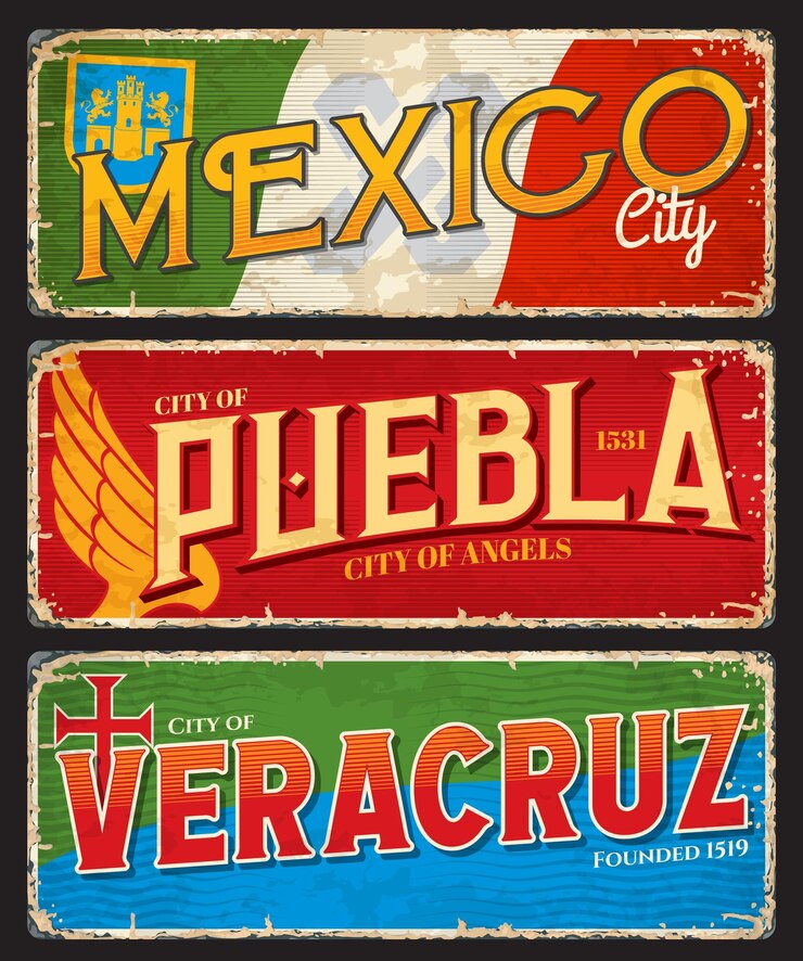 Vetor placas de viagem da cidade de méxico puebla e veracruz