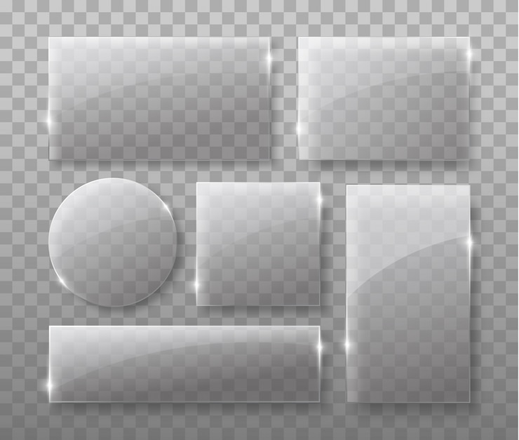 Vetor placas de vidro transparente isoladas em fundo transparente com sombras realistas.