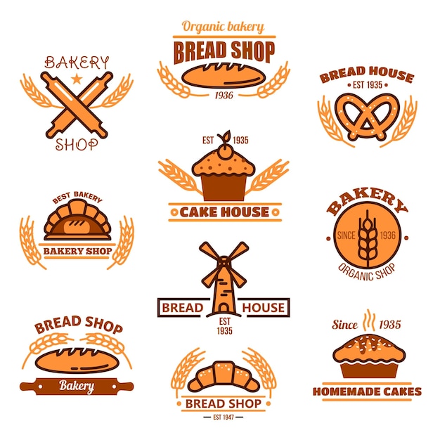 Placas ou ícones de padaria e pastelaria de pão
