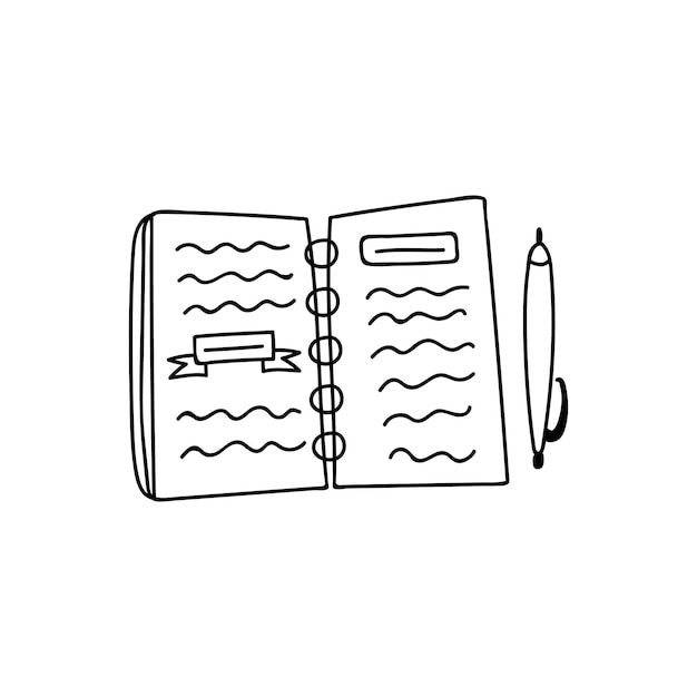 Planejador de bloco de notas de doodle isolado desenhado à mão bonito com notas e caneta para educação e agendamento