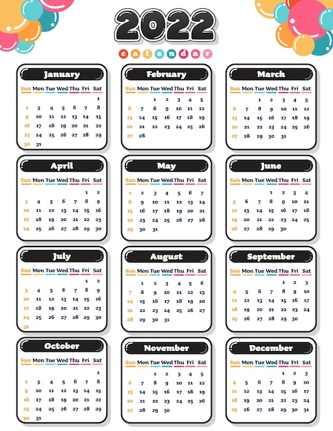 Planejador de calendário 2022 colorido para impressão e texto editável