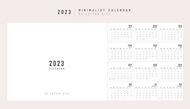 Planejador de calendário 2023 estilo minimalista design de planejador de calendário mínimo clássico para impressão de conjunto de modelos de ilustração vetorial de calendário de mesa de 12 páginas