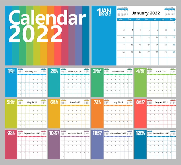 Planejador de calendário brilhante para 2022 com meses de cores diferentes a semana começa na segunda-feira