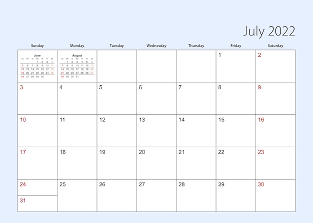 Planejador de calendário de parede para julho de 2022. língua inglesa, semana começa no domingo. molde do vetor.