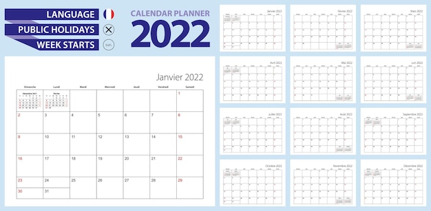 Planejador de calendário em francês para 2022. língua francesa, semana começa no domingo.