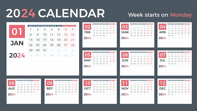 Planejador de modelo de calendário 2024 12 páginas semana começa na segunda-feira ilustração vetorial eps10