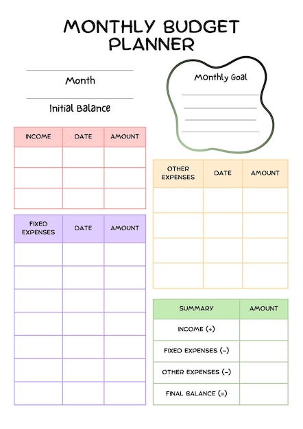 Planejador de orçamento mensal bonito e colorido