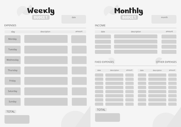 Vetor planejador de orçamento semanal e mensal modelo vetorial preto e branco organizador financeiro